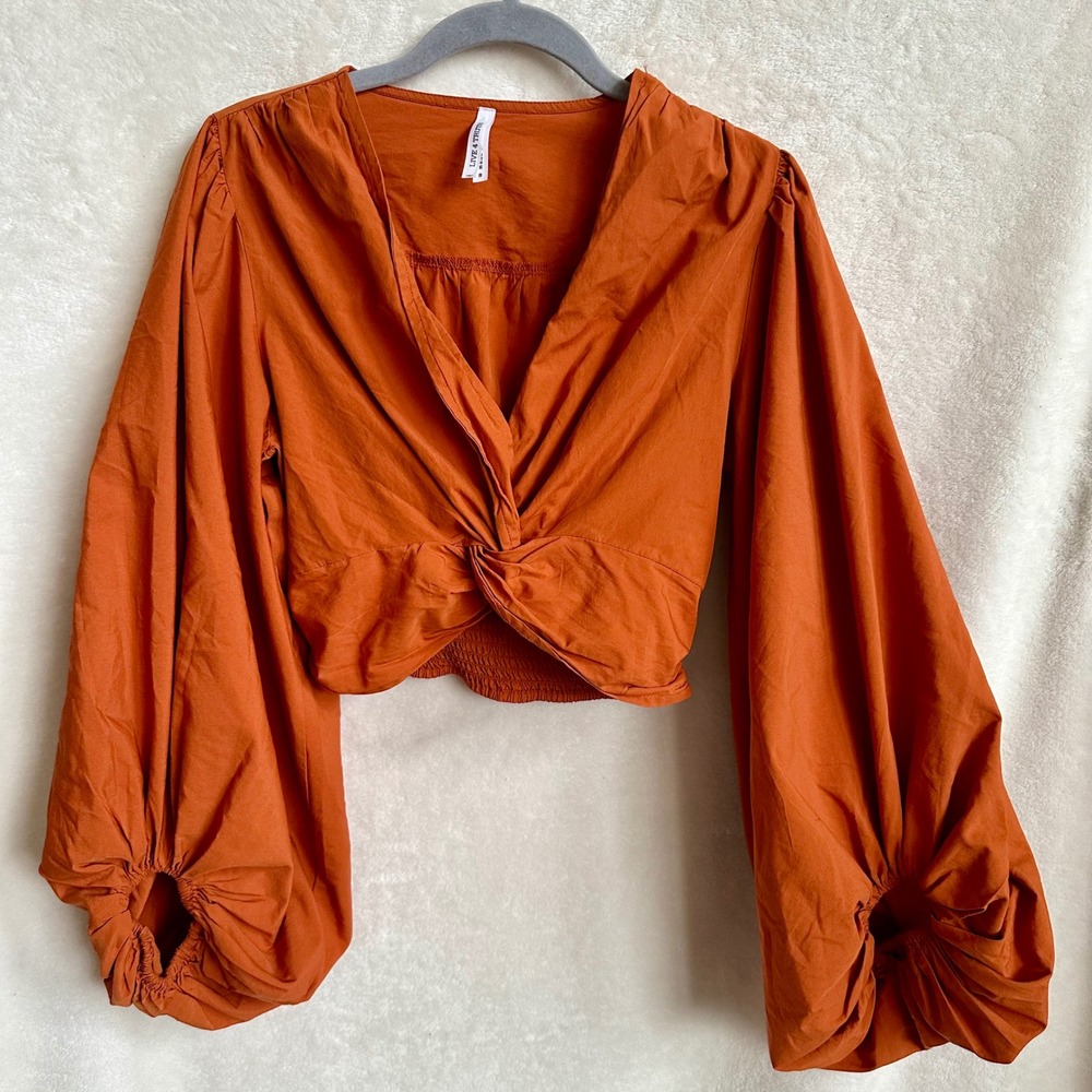 Live 4 Truth Rust Orange Twist Front Balloon Sleeve Crop Top Womens Size Small